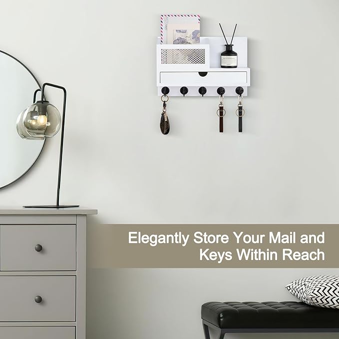 Key Holder Wall Mount, Key Holder for Wall with 5 Key Hooks and Storage Drawer Mail Organizer for Entryway Living Room Farmhouse Home Decor