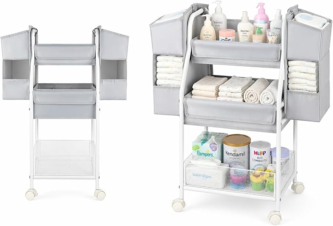 Moteph Rolling Utility Cart with Side Storage, 3-Tier Diaper Cart & Baby Caddy Organizer for Nursery Essentials, Bedside/Postpartum Nursing Cart, Craft & Art Storage Organizer, Rolling Book Cart
