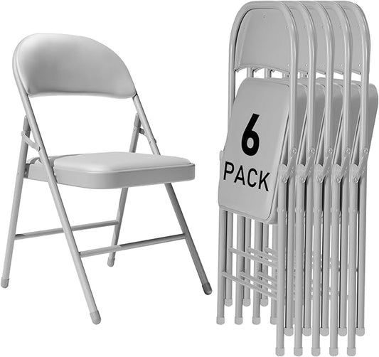 6 Pack Gray Folding Chairs with Padded Cushion and Back for Outside Portable Stackable Commercial Foldable Chairs with Steel Frame for Events Office Wedding Party, 350lbs Capacity