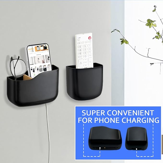 SUNFICON Wall Mount Remote Holder TV FAN Remote Control Holder Bedside Caddy Wall Organizer Phone Holder for Office Adhesive Media Player Controller Holder Box Tray Home Desk Nightstand Black 6PACK