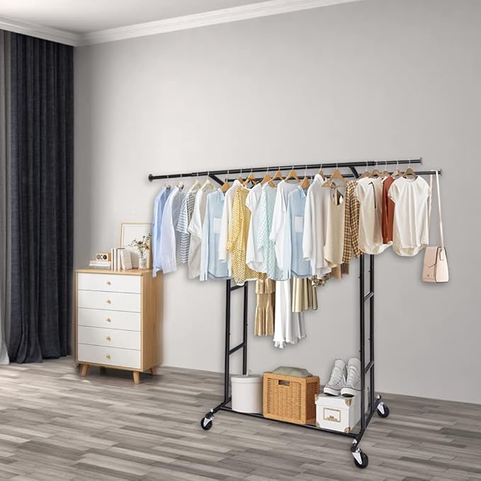 Fishat Black Heavy Duty Double Rod Garment Clothes Rack for Hanging Clothes, Rolling Organizer Commercial Metal with Lockable Wheels Mobile for Coats Dresses