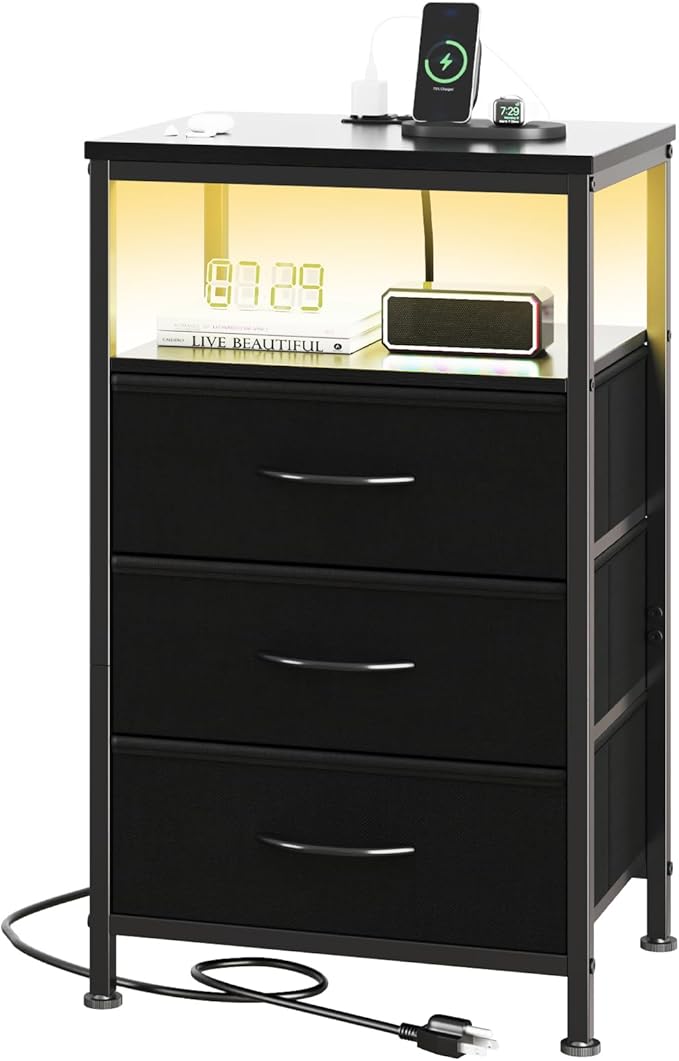 DUMOS Nightstand with Charging Station, Bedside End Table with 3 Fabric Drawers & USB/Type-C Ports and Outlets, Night Stand for Bedroom Furniture, Adjustable Feet and Variable Light Strip, Black