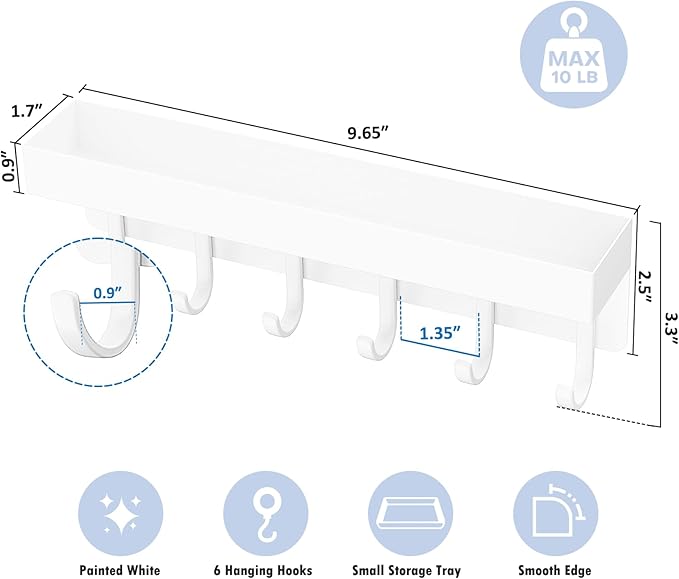 Magnetic Key Holder, Small Wall Mount Key Rack with Shelf for Fridge, 6 Metal Hooks, 9.65 Inch, 2 Installation Options, White