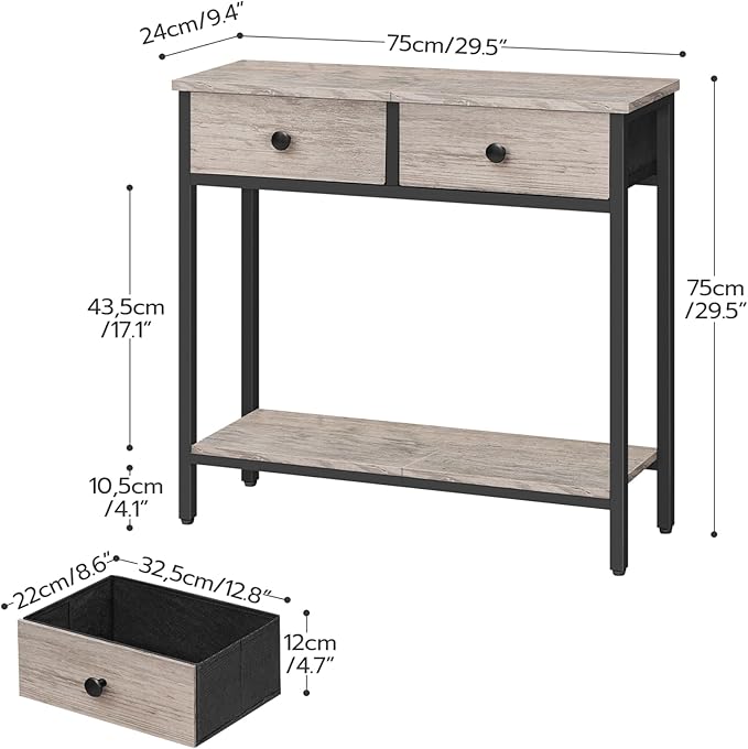 HOOBRO 29.5" Narrow Console Table with 2 Fabric Drawers, Small Entryway Table with 2-Tier Storage Shelves, Sofa Table, Behind Couch Table, for Living Room, Hallway, Greige and Black BG71XG01