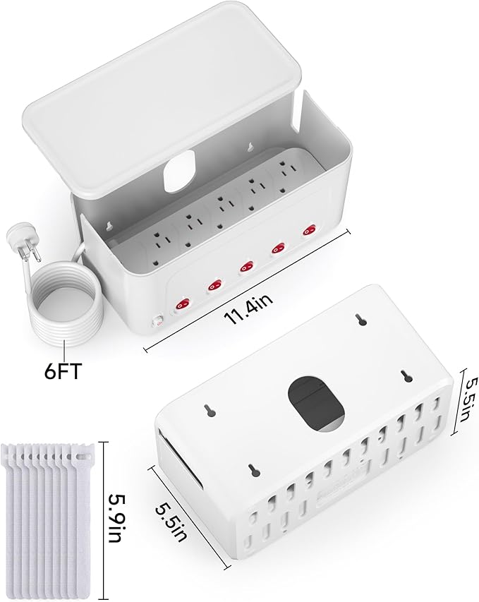 Surge Protector Power Strip with Cable Management Box,Cord Organizer Box with 10 Outlets and 3 USB Ports,Individual Switches,6 ft Flat Plug Extension Cord,Under-Desk and Desk Wire Storage Hider,White