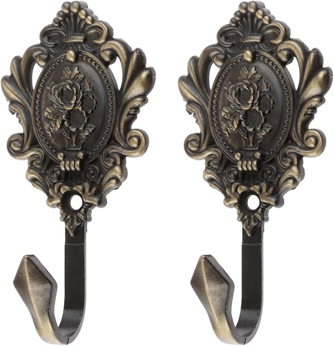 4Pcs Curtain Tiebacks Hook Vintage Bronze Rose Pattern Carved Wall Hooks Key Hook Clothes Hanger Bathroom Bedroom Multi-Function Decorative Hook with Screws