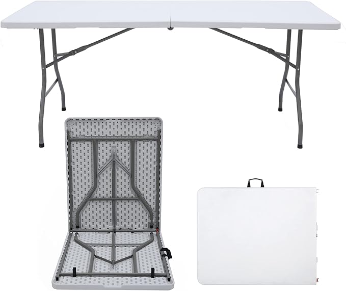Folding Table 6ft Foldable Table with Built in Handle & Steel Legs / 6FT Heavy Duty Folding Portable,Perfect for Party, Dining Indoor/Outdoor Events, Tailgating & Backyard BBQ, White