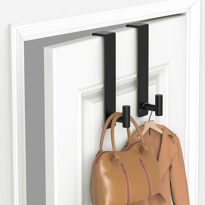 PMMASTO 10 Inch Extended Over The Door Hooks 2-Pack, Rustproof Stainless Steel Door Hanger with Non-Slip Pads for Bathroom Kitchen Entryway (Black, Fits 1-3/4" Thick Door, T Shape 2 Pack)