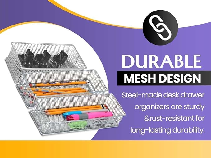 YBM HOME Silver Mesh Drawer Cabinet and or Shelf Organizer Bins, School Supply Holder Office Desktop Organizer Basket (12, 3x15x2 Inch)