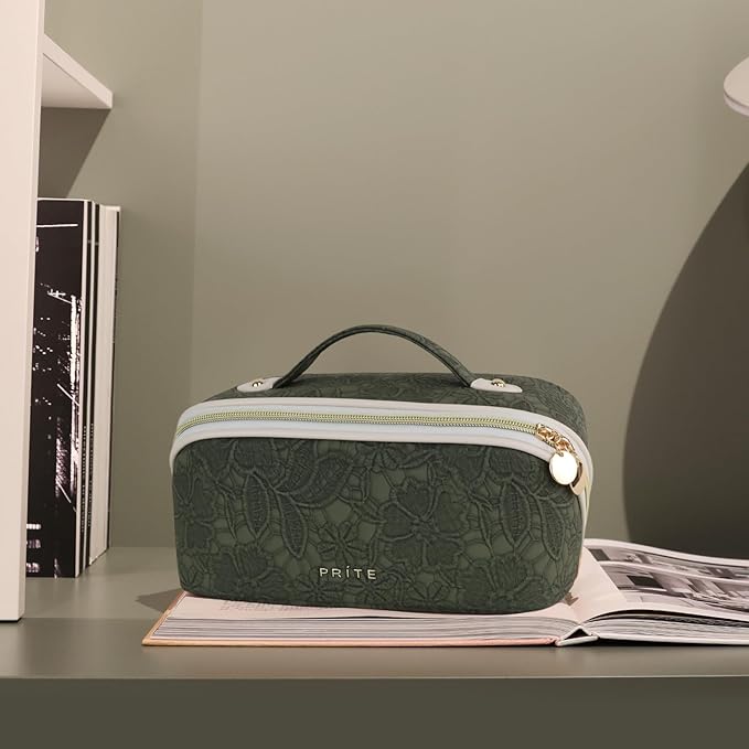 Prite Makeup Bag for Women Travel Waterproof Vegan Leather Cosmetic Bag Open Flat Toiletry Bag With Clear Divider and Handle (Green Flower, Medium)