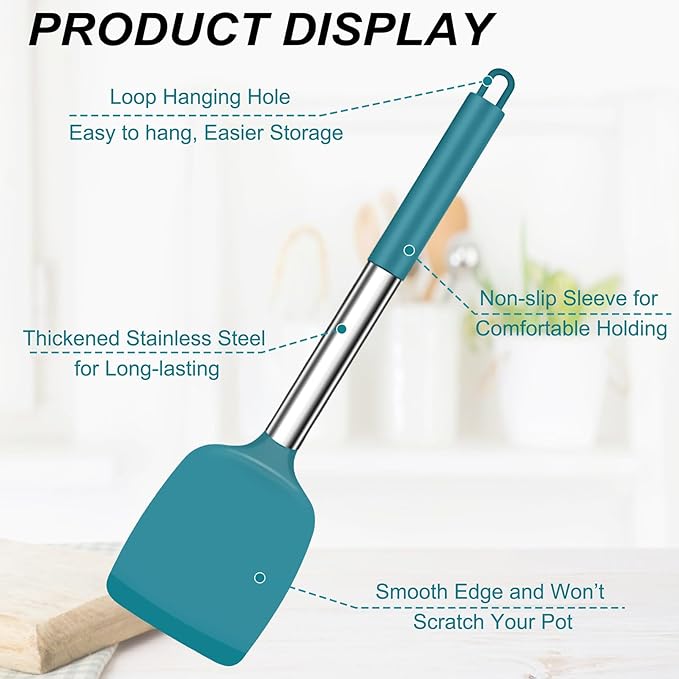 TeamFar Cooking Utensils Set, 4PCS Heatproof Silicone Utensil Kitchen Tools with Stainless Steel Handle, for Non-stick Cookware Flipping Frying Draining, Nontoxic & Non scratch, Easy Clean - Navy Blue