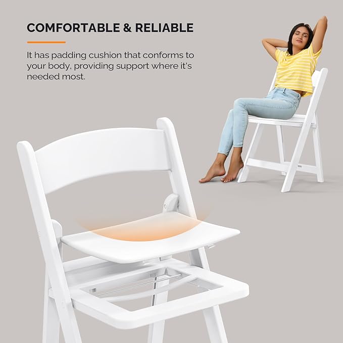VINGLI Resin Folding Chairs with Cushion, Foldable Plastic Chair with Comfortable Padded Seats, Perfect for Event Party Indoor Outdoor, White, 4 PC