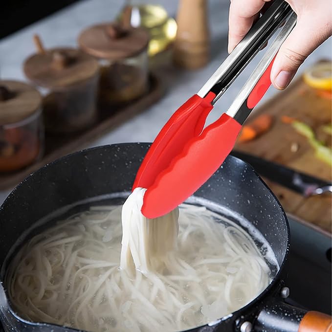 HINMAY 7-Inch Mini Silicone Tongs Small Serving Tongs for Appetizers, Set of 3 (Red)