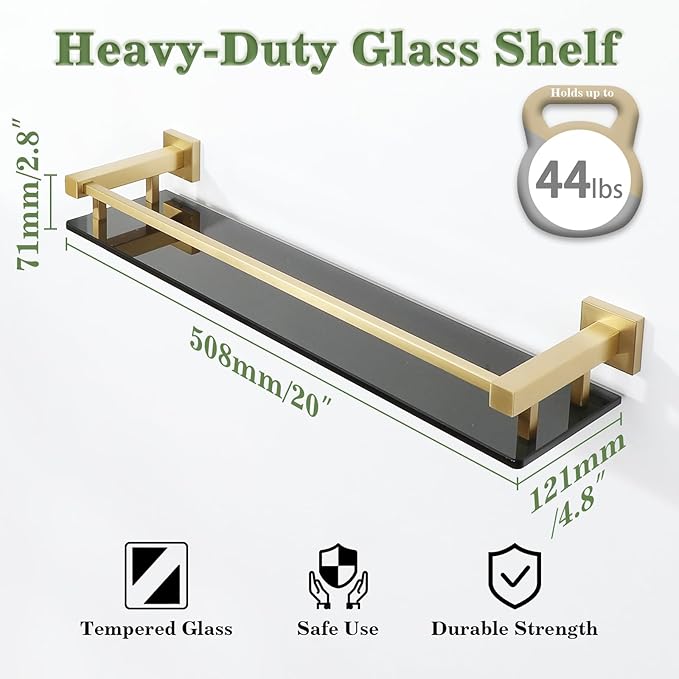 Alise Glass Shelf for Bathroom 20 inch, Gold Black Glass Floating Shelves, Stainless Steel Glass Bathroom Shelves Wall Mounted