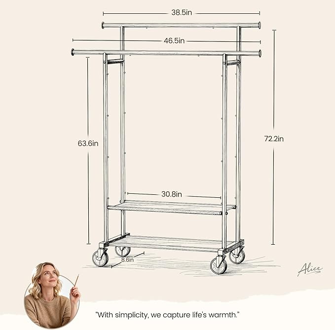 Double Rods Clothes Rack, Rolling Clothing Rack for Hanging Clothes Closet Rack with Wheels, Metal Portable Garment Rack with Double Shelves for Bedroom Laundry Living Room, Matte Black