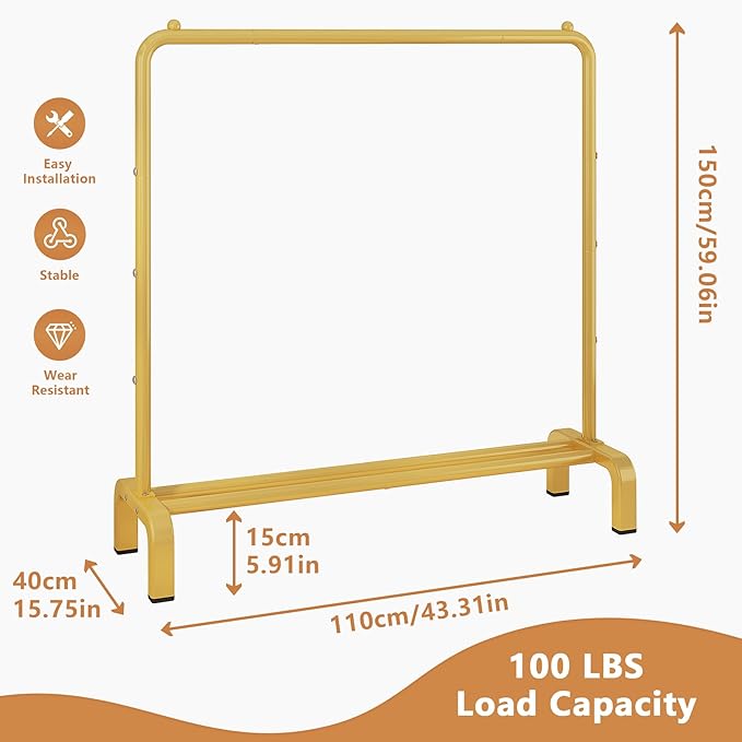 JIUYOTREE Metal 43.3 Inches Garment Rack with Bottom Shelf Clothing Rack for Hanging Clothes Coats Skirts Shirts Sweaters Gold