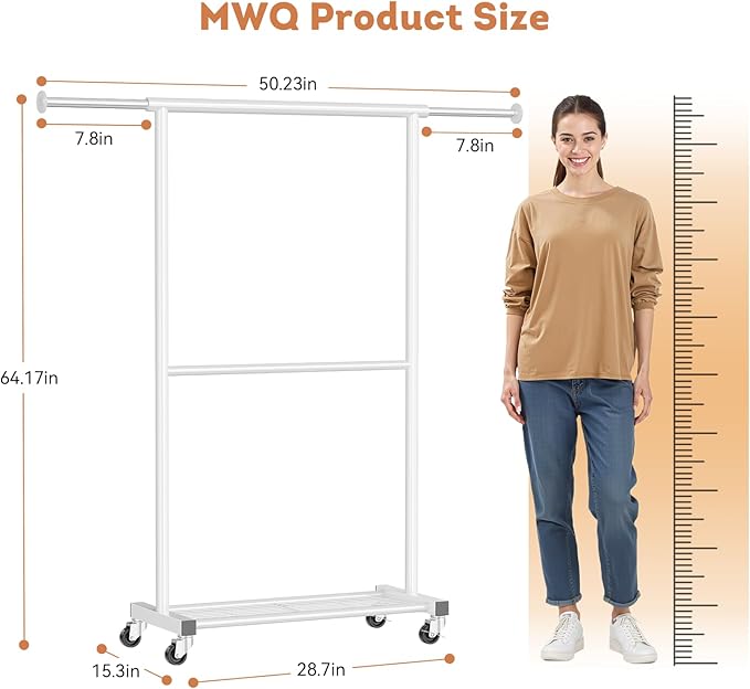 Standard Clothes Rack, Rolling 50“L Clothing Garment Rack with Mesh Shelves on Wheels, Adjustable Portable Wardrobe Rack for Bedroom, Laundry Room, White