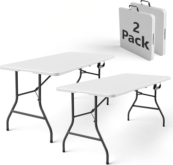 Folding Table 2 Pack, 5FT Folding Table Portable with Built-in Handle, Heavy Duty Plastic Table with Steel Legs Supports to 300lbs, Suitable for Party, Camping, Events Indoor&Outdoor Use, White