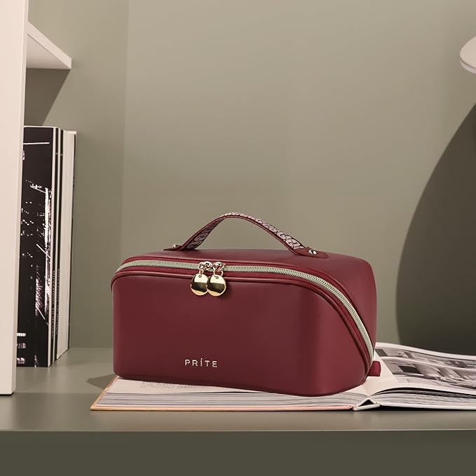Prite Makeup Bag for Women Travel Waterproof Vegan Leather Cosmetic Bag Open Flat Toiletry Bag With Clear Divider and Handle (Dark Red, Medium)
