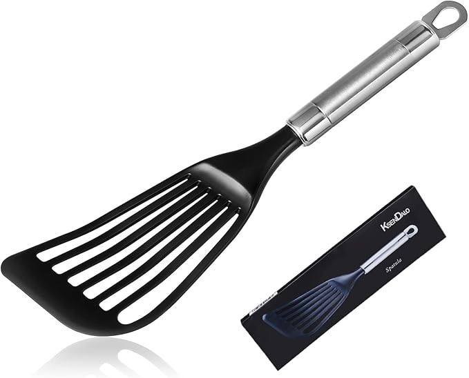 KSENDALO Thin Flexible Nylon Fish Spatula for Nonstick Cookware Fish Spatula Egg Flipper Hollow Steel Handle, LFGB Certified Nylon Thin Blade Sturdy Hollow Handle Dishwasher Safe- Silver/Black