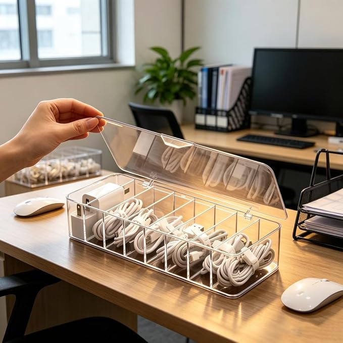 4Pcs cord organizer box with Lid, 10.2 x 3.5 x 2.2in, Desktop Cord Organizer with Compartments (4)