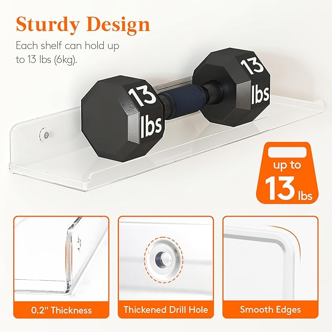 Lifewit Floating Shelves for Bathroom, Acrylic Display Shelf Wall Mounted for Makeup, Skincare, Nail Polish, Book, 14" Perfume Organizer for Bedroom, Living Room, Nursery, Home Decor, Clear, 2 Pack