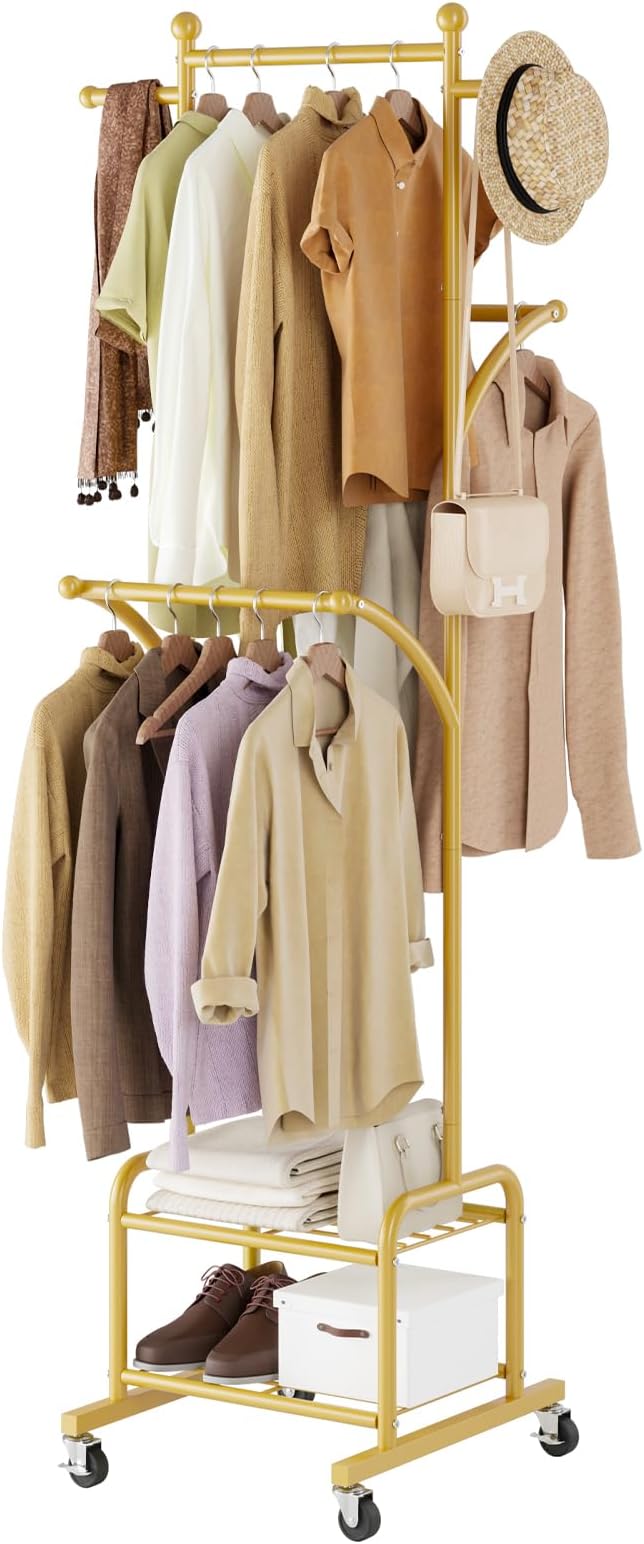 Rolling Clothes Rack with 2 Metal Shelves, 71" Portable Clothing Rack with Wheels, Small Garment Rack with 2 Side Hanging Rods, Freestanding Coat Rack for Laundry Room, Bedroom, Gold