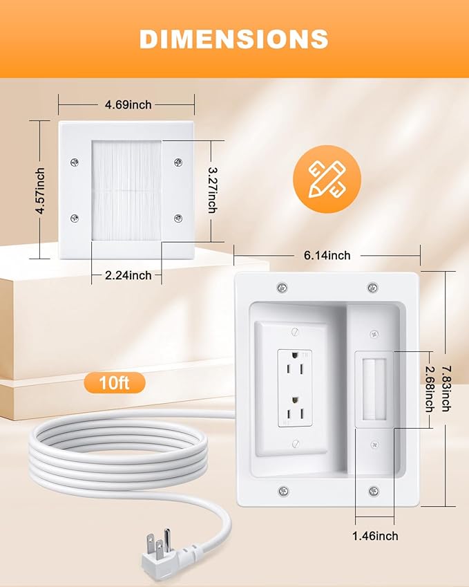 in Wall Cable Management Kit with Recessed Outlet Box, Two-Hole Socket, 10ft Power Cord, Hide TV Cords for Wall Mount TV and Home Theater, Fits All Standard Plugs, Easy, Safe Cable Management