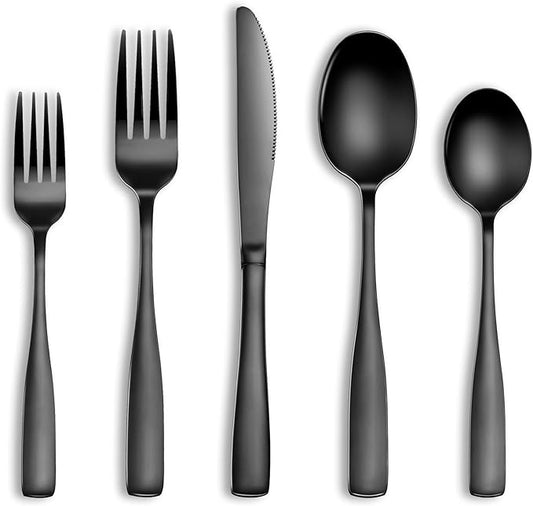 40 Pcs Black Silverware Set, Stainless Steel Flatware Set for 8, Food-Grade Cutlery Set, Mirror Polished Tableware Eating Utensils Set for Home Kitchen, Include Knife Fork Spoon Set, Dishwasher Safe