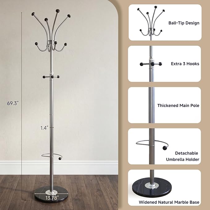 Metal Coat Rack Freestanding with Natural Marble Base, coat rack stand with 11 Hooks & Umbrella Holder, heavy duty coat rack for Coats Hats for Entryway Bedroom Office（silvery）
