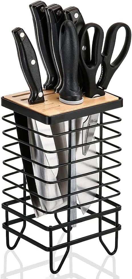 LINFIDITE Knife Block Holder Universal Kitchen Knife Organizer Storage Stand 8 Slots Top Hollow Iron Wire Safe to Use Different Size Shape Knife Sharpeners Scissors Kitchen Countertop Black