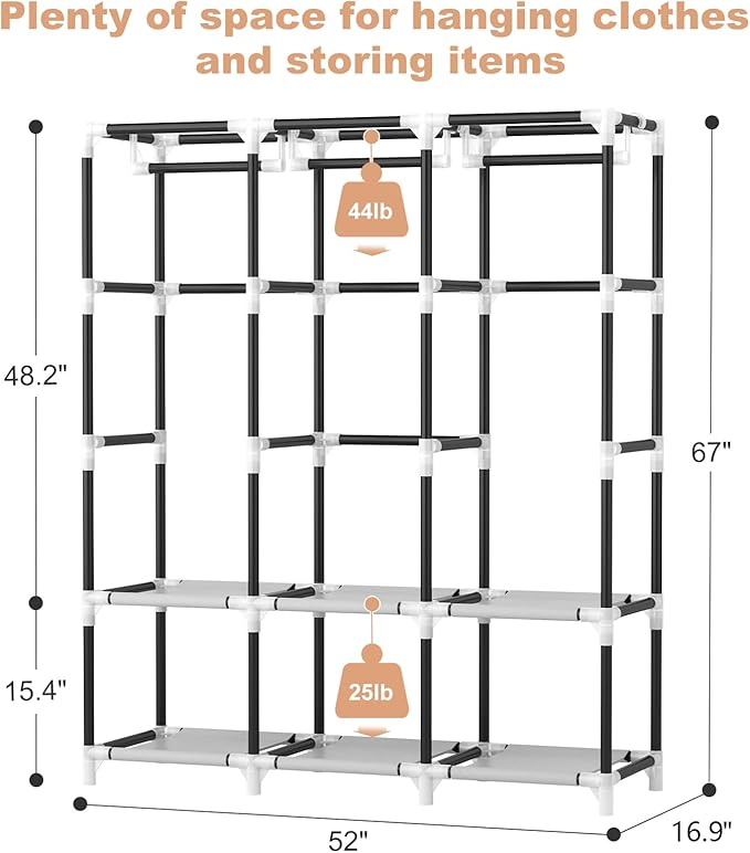 VTRIN Portable Closet for Hanging Clothes 52 Inch Wide Portable Wardrobe Closet with Cover, 6 Storage Shelves and 3 Hanging Rod, Diameter 19mm Metal Pipe, Sturdy Closet for Bedroom, Black
