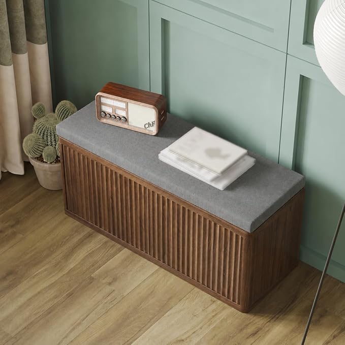 Double Layered Shoe Cabinet with Bench,Wooden Shoe Bench with Soft Cushion,Double Door without Handle Pressing Spring,Fluted Panel,Suitable for Entrance,Corridor and Living Room (Shoe Bench-Walnut)