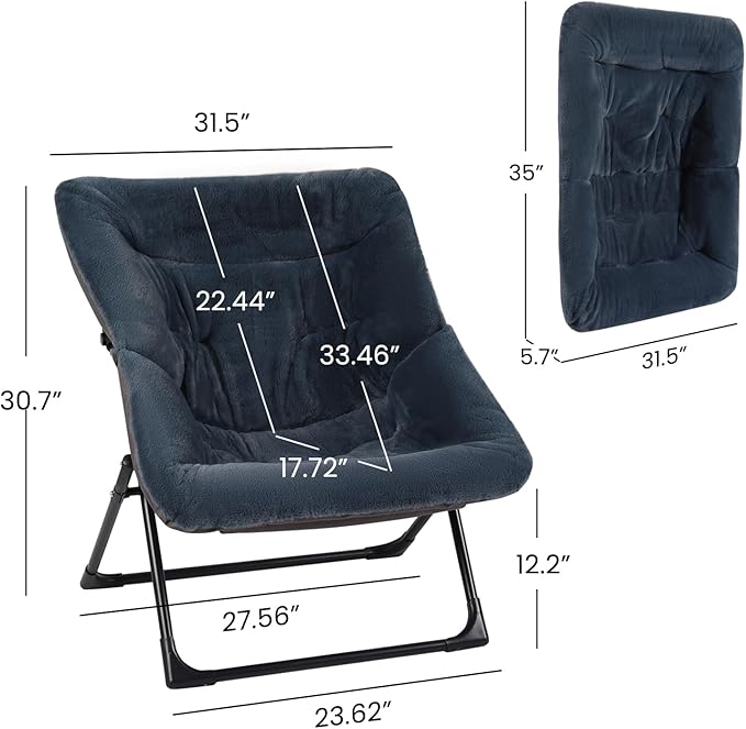 Comfy Saucer Chair for Adults, Set of 2, Soft Faux Fur Bedroom Chair, Accent Dorm Chairs, Flexible Living Room Reading Chairs, Oversized Folding Seat for Teens, X-Large, Navy Blue