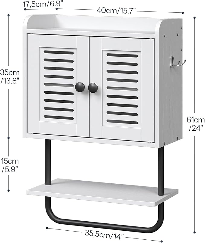 HOOBRO Medicine Cabinet, Double Doors Bathroom Wall Cabinet with Towel Bar, Adjustable Shelf, 2 Hooks, Over The Toilet Storage Cabinet, for Bedroom, Kitchen, White BW46CW01