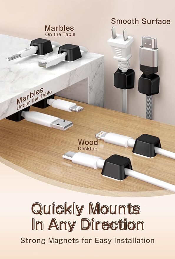 Magnetic Clip for Cords, Maveek 5 Pack Cable Holder Magnet Cord Clips Organizer Desk Wall Metal Table Cable Management for Charger USB C Home Office Car (Black)
