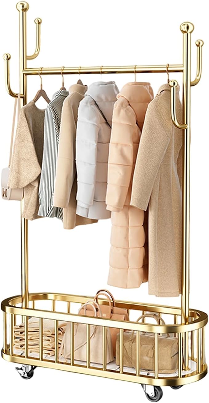 Takywep Rolling Clothing Rack with Wheels and Basket Storage – Metal Moveable Garment Rack, Heavy-Duty Coat Rack for Hanging Clothes, Bedroom, Boutique, Laundry Room