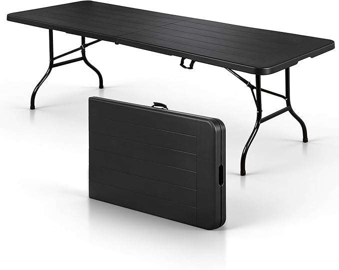 SUPER DEAL 8FT Folding Picnic Table for Indoor Outdoor, Portable Fold-in-Half Plastic Dining Camping Party Table with Carrying Handle, Black