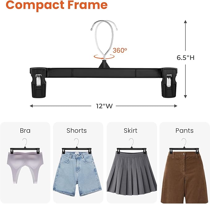 HOUSE DAY Pants & Skirt Hangers - 10 Pack Pants Hangers with Non-Slip Big Clips - Closet Hanger for Shorts, Shirts, Jeans, Slacks, Clothes, Clothing - Durable, Slim & Space Saving, Black - 12 Inch