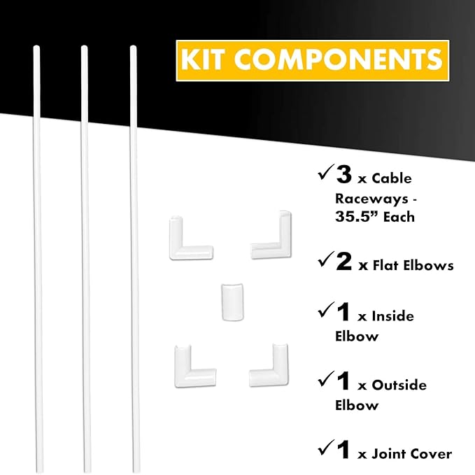 Kable Kontrol Cord Cover Cable Raceway Kit, 107”in Cable Cover Channel, Paintable Self-Adhesive Cable Management Wire Concealer, Cord Hider for Wall Mounted Tv, 0.43” W x 0.50” H –8 Pcs – White