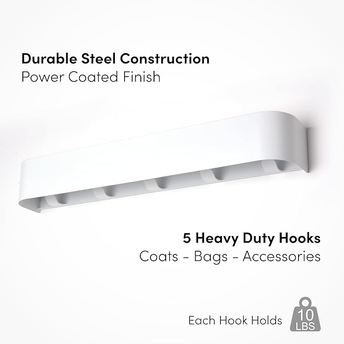 xympo Modern Wall-Mounted Coat Rack with Shelf – Heavy-Duty Steel, 5 Sturdy Hooks, Powder-Coated Finish, Space-Saving Entryway Organizer with Mounting Hardware – Sleek & Minimalist Design (White)