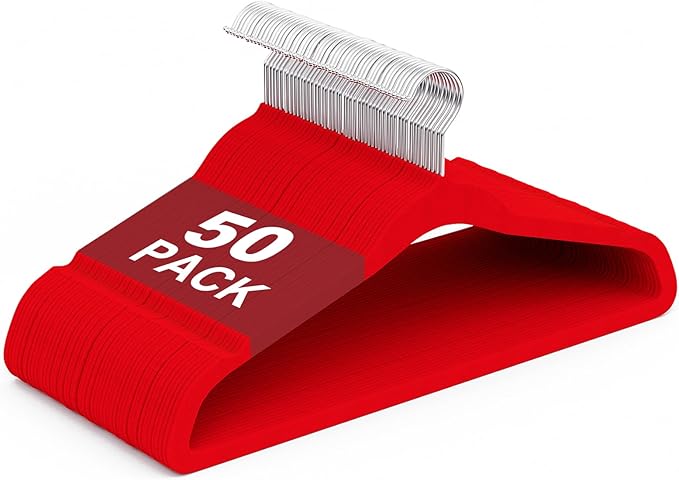 Velvet Hangers 50 Pack, Non Slip Clothes Hangers with Shoulder Notches, Slim Felt Hanger with 360° Swivel Hook, Space-Saving, for Coat, Shirt, Pants, Dress, Suits, Red