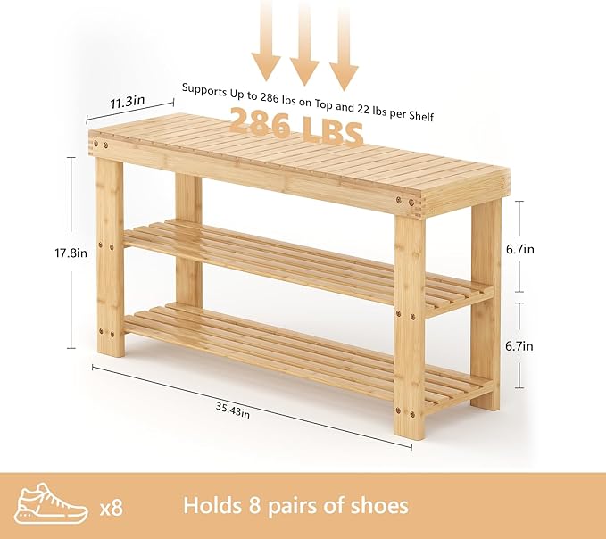 NEWBULIG Shoe Rack Bench, 3-Tier Bamboo Shoe Organizer, Wooden Entryway Storage Bench, 286 lb Load Capacity, 11.2x35.5x17.9 Inches, for Entryway Bathroom Bedroom Balcony, Wood