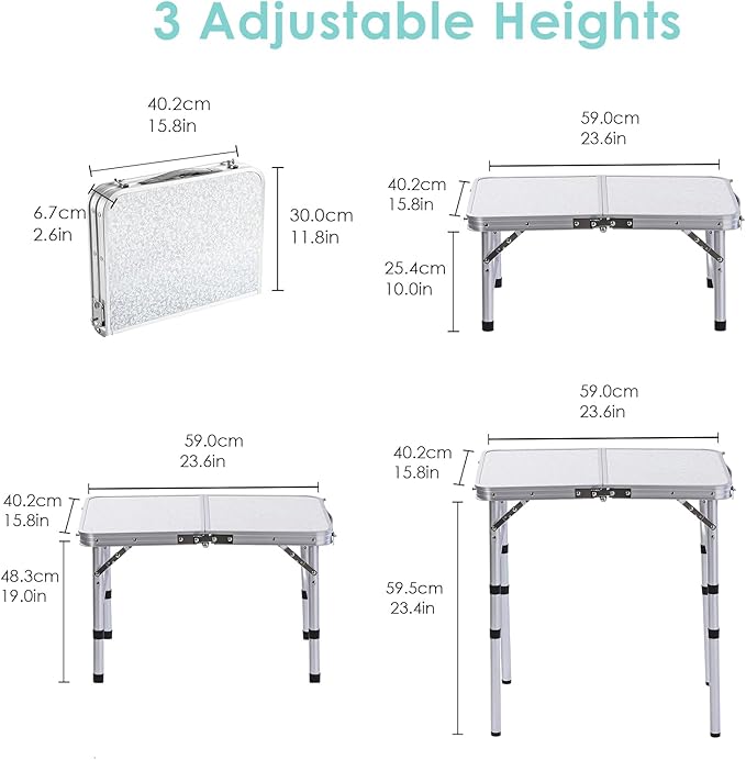 YihuiKo Folding Camping Table with Adjustable Height, 23.6" x 15.8" Portable Lightweight Tables with Aluminum Legs for Outdoor Camp, Picnic, Beach, Backyard, Tailgate Cooking, 3 Heights