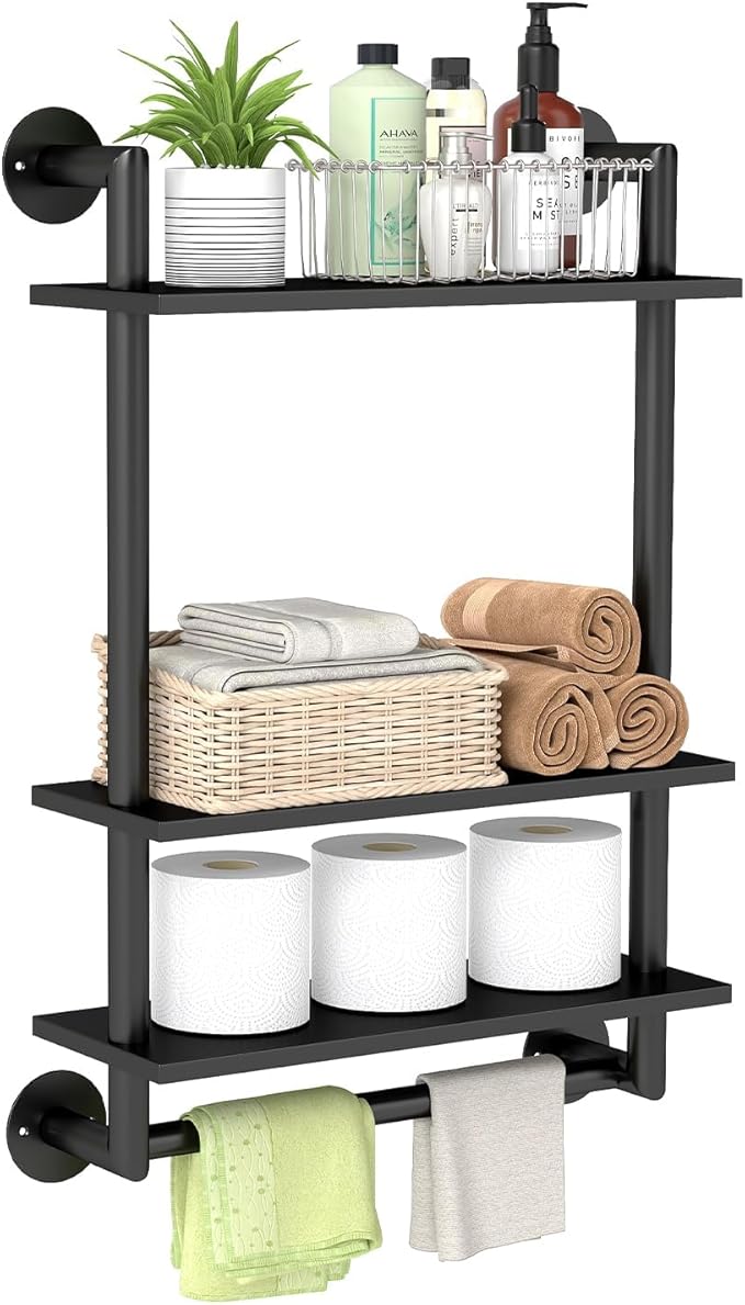 STWWO Bathroom Shelves Wall Mounted, 3 Tier Black Bathroom Shelf with Towel Bar, 26in Stainless Steel Floating Pipe Towel Racks Over Toilet, Bathroom Wall Shelves Laundry Room Kitchen Storage