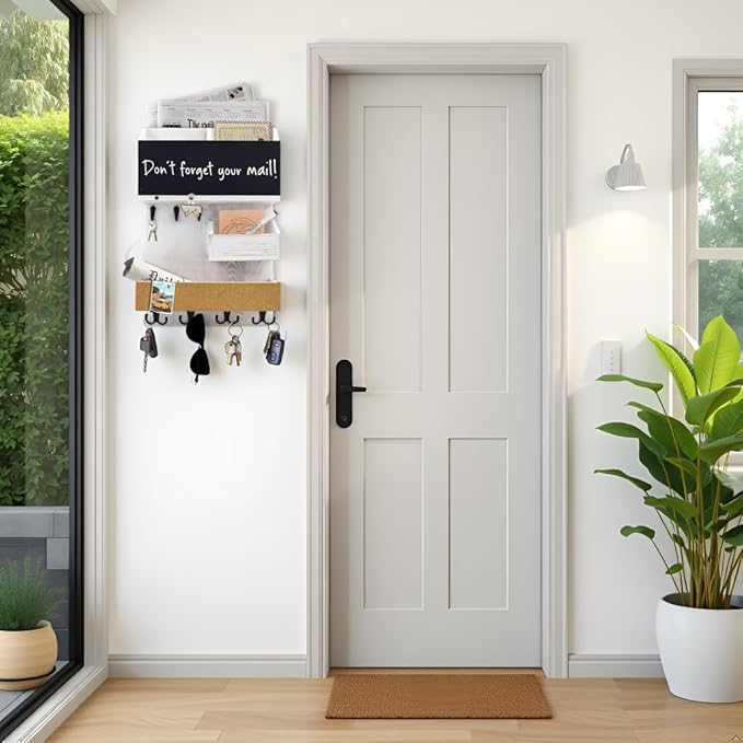 Mail Organizer Wall Mount，Key Holder Mail and Key Organizer for Wall with Shelf, Chalkboard, Corkboard, Home Decor for Room Office Entryway(Ivory White)