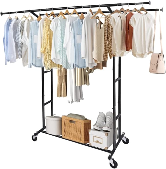 Fishat Black Heavy Duty Double Rod Garment Clothes Rack for Hanging Clothes, Rolling Organizer Commercial Metal with Lockable Wheels Mobile for Coats Dresses