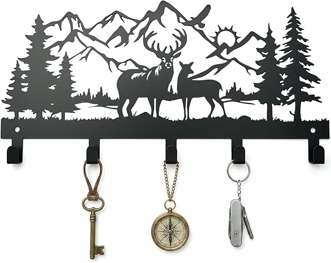 Metal Key Holder Wall Mount, Rustic Cabin Key Rack Hooks, Woodland Wildlife Wall Art Organizer for Entryway, Kitchen, Hallway, Garage, Farmhouse Home Decor & Housewarming Gift (Deer Mountain)