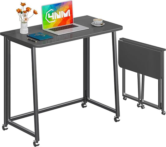 4NM 31.5" Mobile Small Folding Desk, Foldable Rolling Computer Home Office Desk, Study Writing Table for Small Space Saving Bedroom, with Wheels - All Black