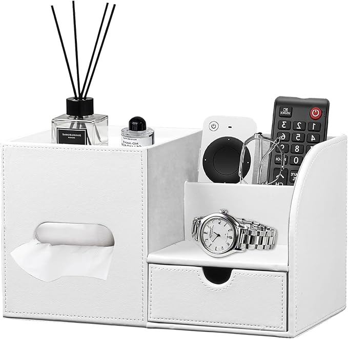 Square Tissue Box Cover with Tray and Organizer, Multi-Functional Decor Cube Tissue Box Holder, Tissue and Remote Control Holder, for Vanity, Nightstand, Bathroom, Home, Office